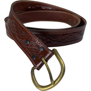 Brown Embossed Leather Aztec Western Belt‎